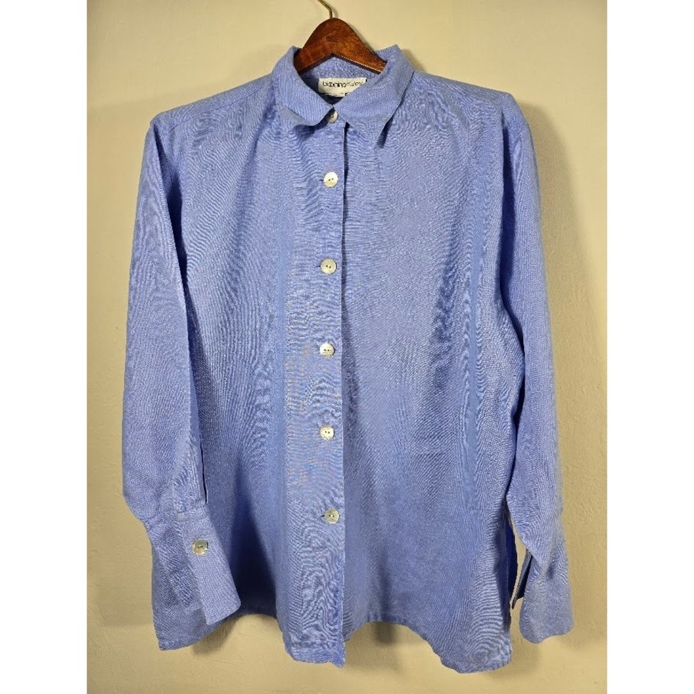 Bloomingdales 100%‎ Linen Button Down Shirt Mens 1X Blue Long Sleeve